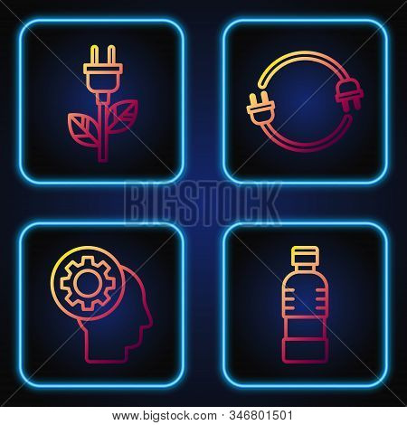 Set Line Bottle Of Water, Human Head With Gear Inside, Electric Saving Plug In Leaf And Electric Plu