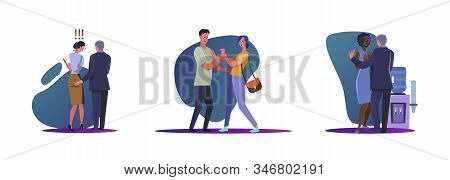 Set Of Men Sexually Harassing Women. Flat Vector Illustrations Of Busy And Casual Men And Women Havi