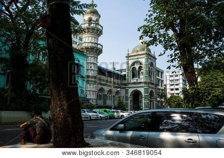 Yangon, Myanmar - December 29, 2019: Surti Sunni Jamah Mosque on Shwe Bon Thar road