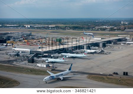 Heathrow, Great Britain - August 15, 2019: Aerial view of Heathrow international airport at day time