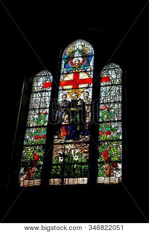 Tarnow, Poland - May 01, 2014: Stained Glass Windows In Holy Family Church
