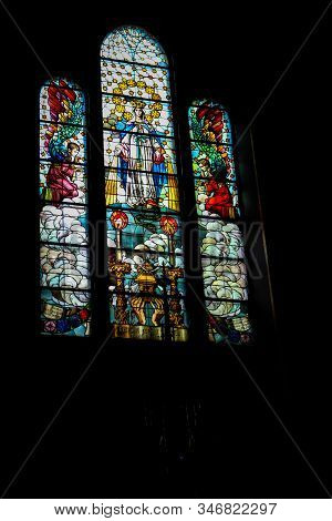 Tarnow, Poland - May 01, 2014: Stained Glass Windows In Holy Family Church