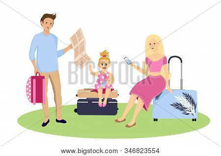 Young Couple Family, Tourists Travelling With Backpacks And Bags. Vetor Illustration Eps10
