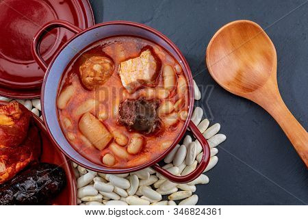 Appetizing Spoon Dish. Delicious For Autumn, Winter And All Year. Asturian Fabada, Typical Dish Of A