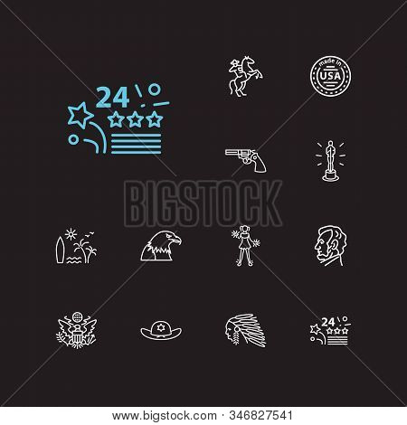Usa Icons Set. Made In Usa And Usa Icons With 4th Of July, Bald Eagle Profile And Lincoln Profile. S