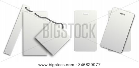 White Gift Label. Price Tag Set On Hang String. Carton Sale Card Blank Design With Realistic Rope. D