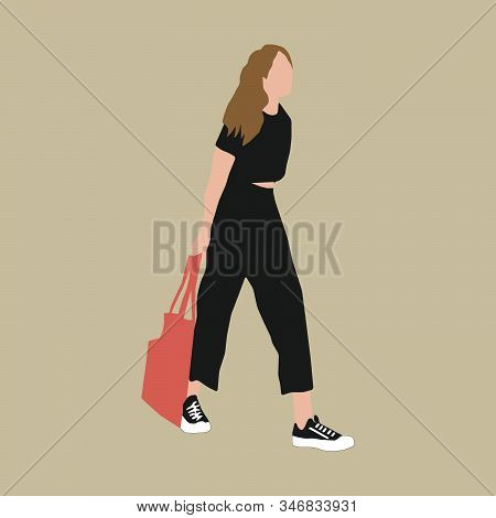 Girl With Bag In Black Clothes Illustration