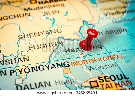 Prague, Czech Republic - January 12, 2019: Red Thumbtack In A Map. Pushpin Pointing At Hamhung City 