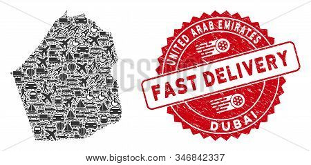 Delivery Mosaic Dubai Emirate Map And Grunge Stamp Seal With Fast Delivery Badge. Dubai Emirate Map 