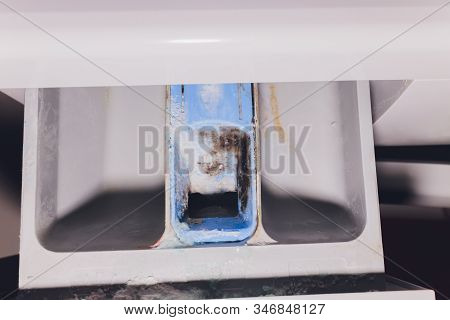 Tray For Washing Powder In The Washing Machine Dirty Damp.
