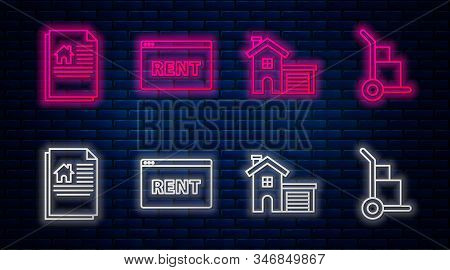 Set Line Hanging Sign With Text Online Rent, House, House Contract And Hand Truck And Boxes. Glowing