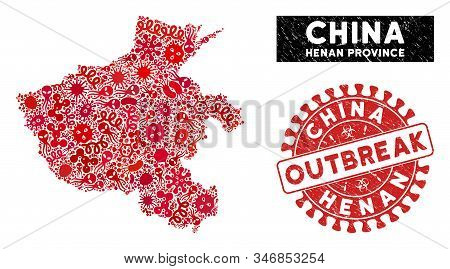Pandemic Mosaic Henan Province Map And Red Grunge Stamp Seal With Outbreak Caption. Henan Province M