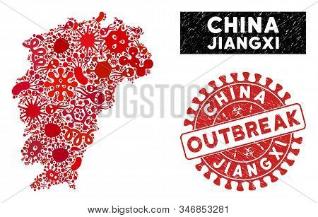 Flu Collage Jiangxi Province Map And Red Distressed Stamp Seal With Outbreak Phrase. Jiangxi Provinc