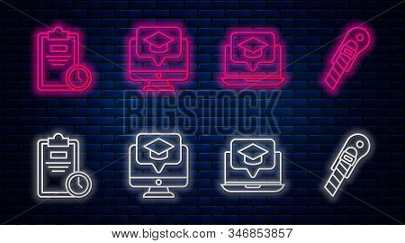 Set Line Monitor With Graduation Cap, Graduation Cap On Screen Laptop, Exam Sheet With Clock And Sta