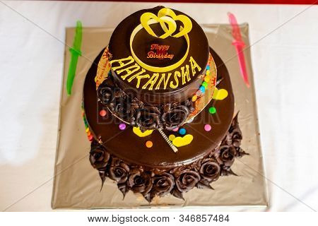 Chocolate Tower Cake For Birthday Celebration Named On It