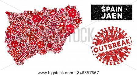 Outbreak Mosaic Jaen Spanish Province Map And Red Rubber Stamp Seal With Outbreak Phrase. Jaen Spani