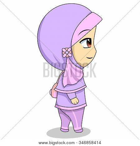 Cartoon Chibi Muslim Female Character. Illustration Walking Alone Leaving For School Carrying A Bag.