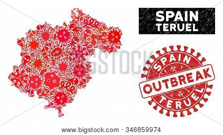 Viral Mosaic Teruel Province Map And Red Distressed Stamp Seal With Outbreak Message. Teruel Provinc