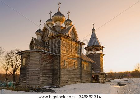 Old Wooden Church Of Dmitry Solunsky Myrrh-streaming Close-up In April Sunset. Leningrad Region, Rus