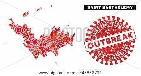 Fever Collage Saint Barthelemy Map And Red Grunge Stamp Seal With Outbreak Text. Saint Barthelemy Ma