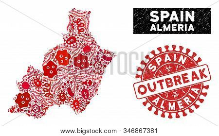 Contagion Collage Almeria Province Map And Red Rubber Stamp Watermark With Outbreak Badge. Almeria P