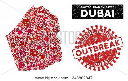 Viral Collage Dubai Emirate Map And Red Corroded Stamp Seal With Outbreak Caption. Dubai Emirate Map