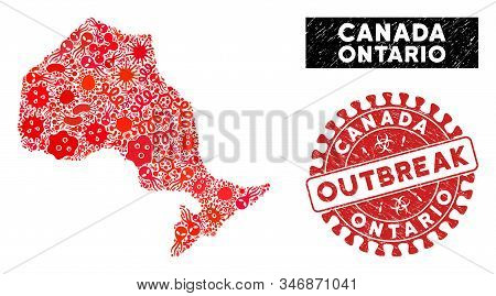 Virus Mosaic Ontario Province Map And Red Corroded Stamp Seal With Outbreak Text. Ontario Province M