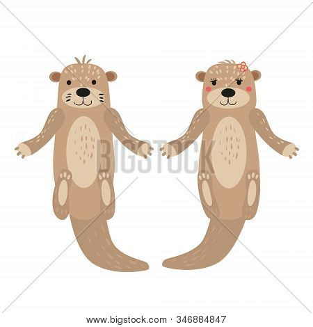 Otters Cute Cuple Animal Characters Female And Male White Background Isolated Vector Cartoon Trendy 
