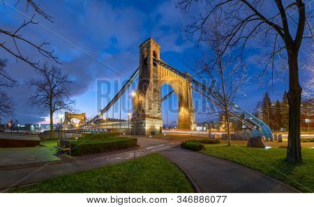 Grunwald Bridge (most Grunwaldzki) Over Oder River At Dusk In Wroclaw, Poland