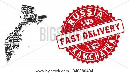 Travel Collage Kamchatka Map And Rubber Stamp Watermark With Fast Delivery Words. Kamchatka Map Coll