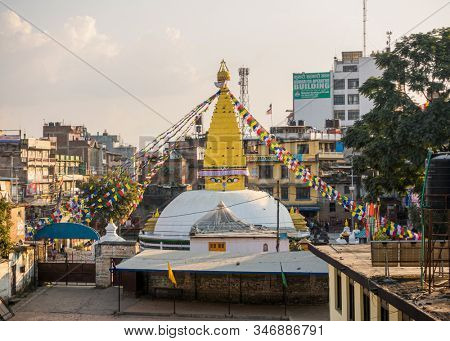 KATHMANDU, NEPAL - CIRCA OCTOBER 2018: Chabahil Stupa also known as Dhanya Stupa is the fourth largest stupa in Kathmandu.