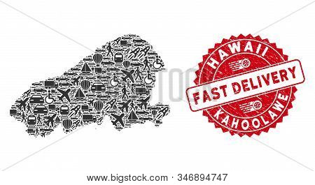 Shipment Collage Kahoolawe Island Map And Distressed Stamp Seal With Fast Delivery Message. Kahoolaw