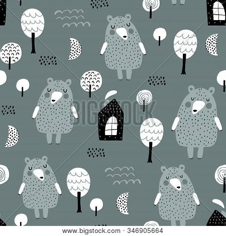 Semless Woodland Pattern With Cute Bear, Forest Houses And Hand Drawn Elements. Scandinaviann Style 