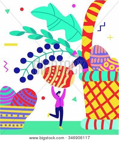 Vector Illustration With Larger Easter Egg, Verba Branch. Eggs From Plate Are Transferred To Basket 