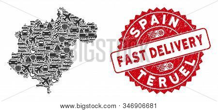 Transportation Collage Teruel Province Map And Distressed Stamp Seal With Fast Delivery Words. Terue