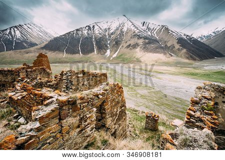 Ancient Stone Fortress On Mountain Background Near Karatkau Village, Kazbegi District, Mtskheta-mtia