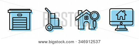 Set Line Search House, Garage, Hand Truck And Boxes And Computer Monitor With Smart Home Icon. Vecto