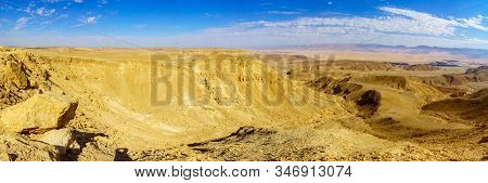 Panoramic Landscape Of The Arava Desert From Mount Ayit Lookout. Southern Israel