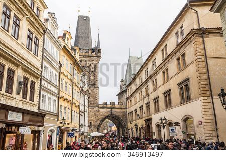 Prague, Czechia - November 2, 2019: Lesser Town Bridge Tower Of Charles Bridge, Also Called Malostra