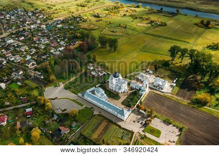 Mahiliou, Belarus. Mogilev Cityscape With Famous Landmark St. Nicholas Monastery. Aerial View Of Sky