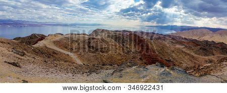 Panoramic View Of Mount Tzfahot And The Gulf Of Aqaba. Eilat Mountains, Southern Israel And Egypt