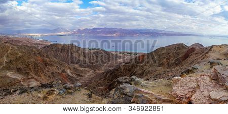Panoramic View Of Mount Tzfahot And The Gulf Of Aqaba. Eilat Mountains, Southern Israel And Jordan