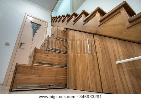 Modern Architecture Interior With Luxury Hallway With Glossy Wooden Stairs In Multi-storey House. Cu
