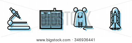 Set Line Rat, Microscope, Open Science Book And Space Shuttle And Rockets Icon. Vector