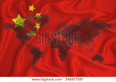 World Map From Blockchain Network On The Background Of The Flag Of China. China Blockchain Concept.