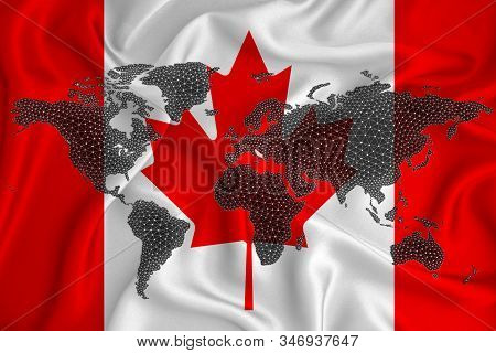 World Map From Blockchain Network On The Background Of The Flag Of Canada. Canada Cryptocurrency Con