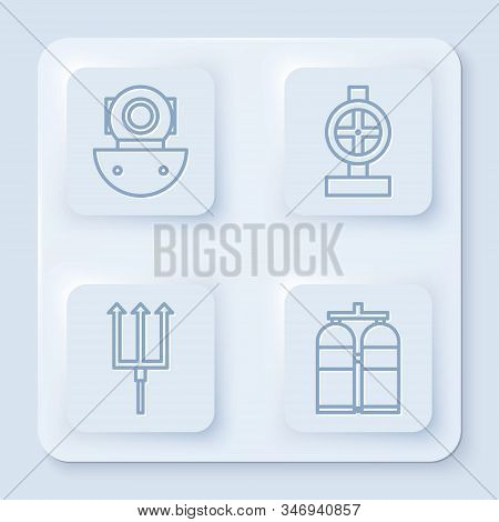 Set Line Aqualung, Industry Metallic Pipes And Valve, Neptune Trident And Aqualung. White Square But