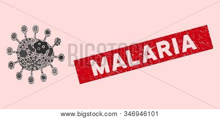 Contagious Mosaic Bacillus Icon And Rectangular Rubber Stamp Watermark With Malaria Caption. Mosaic 