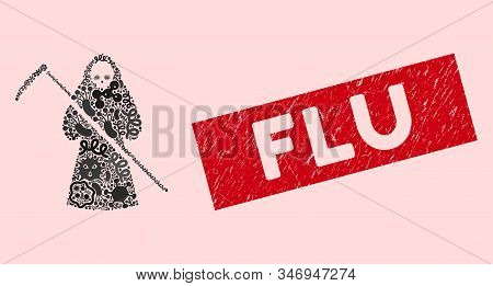 Contagion Collage Death Scytheman Icon And Rectangle Rubber Stamp Seal With Flu Caption. Mosaic Vect