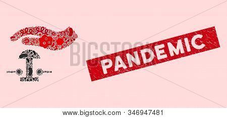 Infected Mosaic Emergency Stop Icon And Rectangle Grunge Stamp Seal With Pandemic Phrase. Mosaic Vec